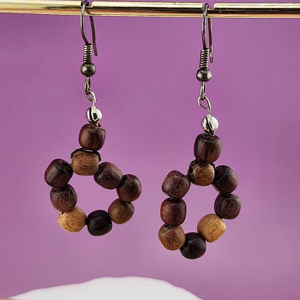 Brown Wood Bead Open Circle Dangle Earrings Silver Tone Boho Natural